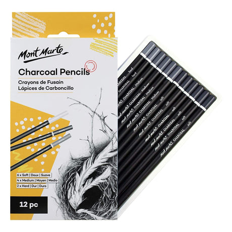 Mont Marte Charcoal Pencil Set of 12 – Soft, Medium & Hard Drawing Pencils - Retail Maharaj