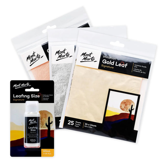 Mont Marte Imitation Gold, Silver & Copper Leaf (25 Sheets) & Leafing Size 60ml - Retail Maharaj