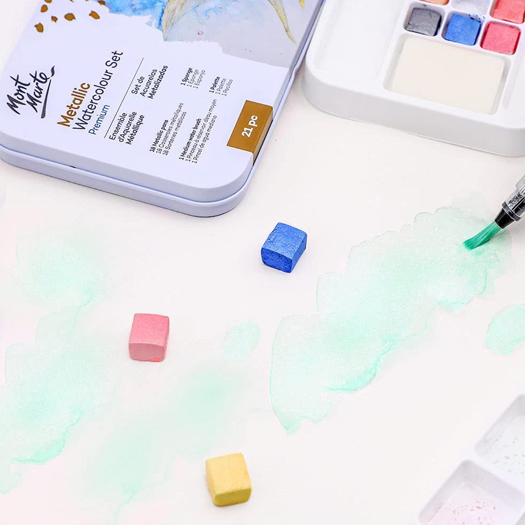 Mont Marte Premium Metallic Watercolour Cake Paint Set with Travel Tin - Retail Maharaj