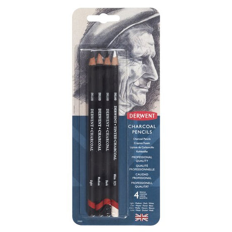 Derwent Charcoal Pencil Set with Light Medium Dark and White Shades - Retail Maharaj