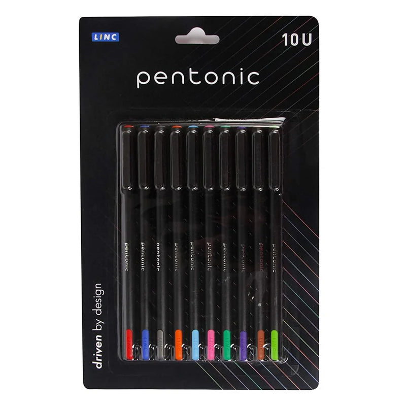 Pentonic Ball Pen Blister Pack | Black Matte Finish Body, Effortless Writing Ball Pen (Pack of 10, Ink Color – Multicolor)