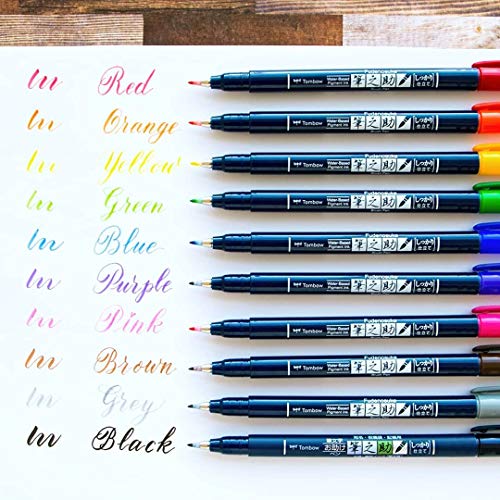 Tombow Fudenosuke Hard Tip Brush Pen Set of 10 Assorted Colours - Retail Maharaj