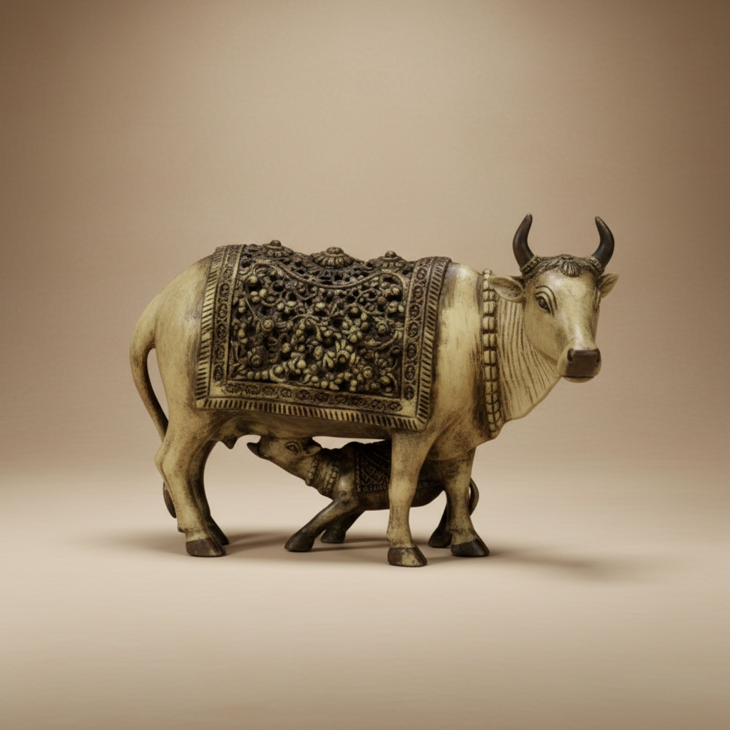Cow & Calf Idol – 2 x 1.25 Inches | Antique Brass Kamadhenu Statue / Cow Calf Murti for Home & Pooja Decor - Retail Maharaj