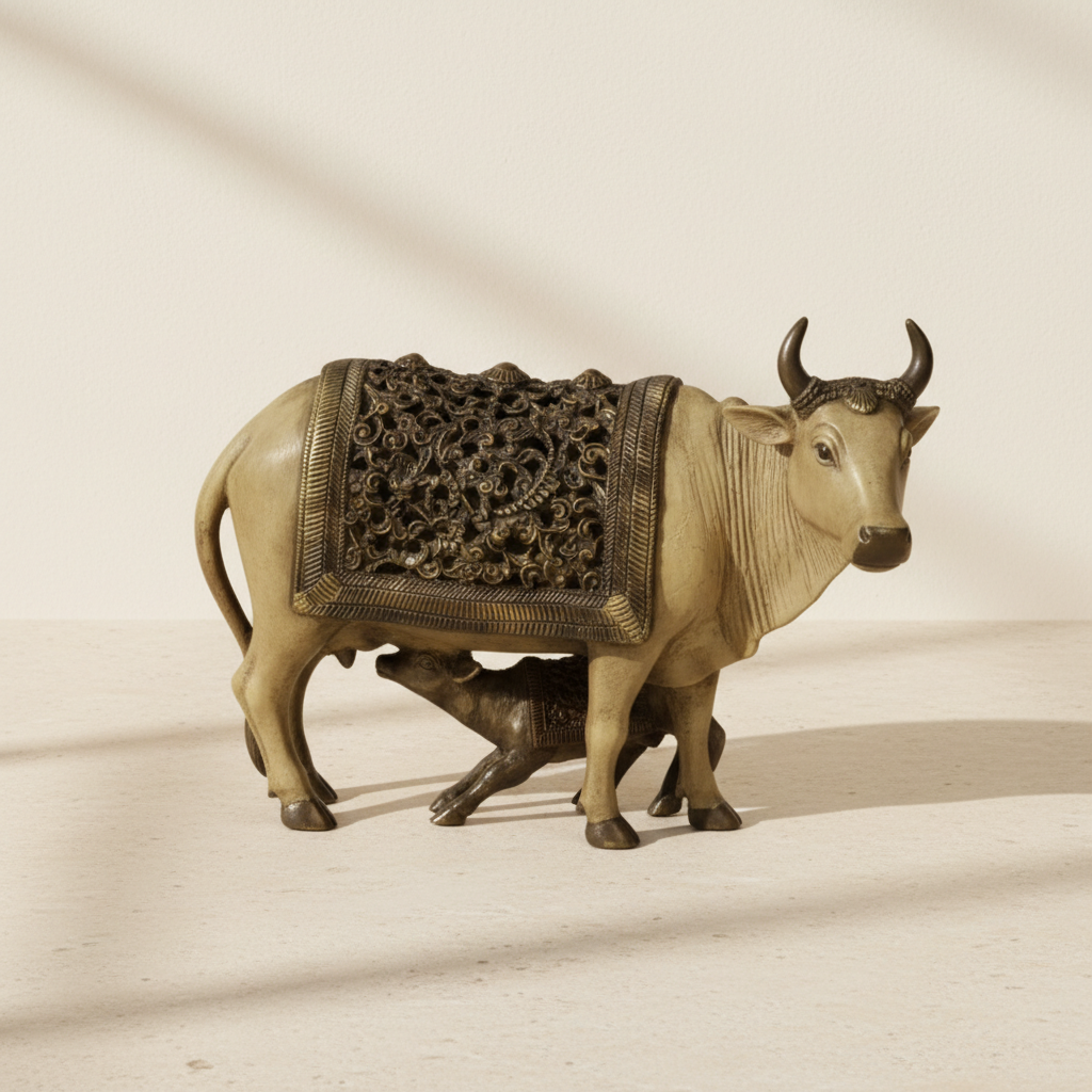 Cow & Calf Idol – 2 x 1.25 Inches | Antique Brass Kamadhenu Statue / Cow Calf Murti for Home & Pooja Decor - Retail Maharaj