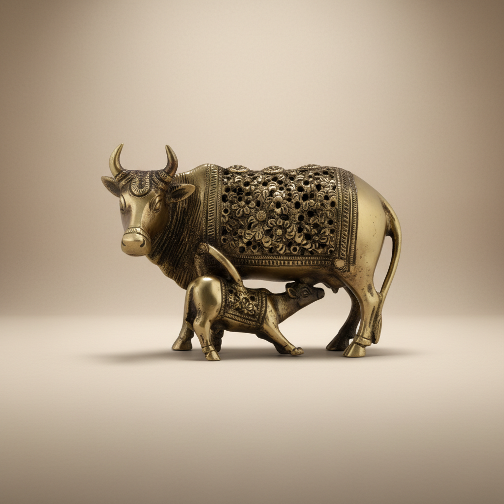 Cow & Calf Idol – 2 x 1.25 Inches | Antique Brass Kamadhenu Statue / Cow Calf Murti for Home & Pooja Decor - Retail Maharaj