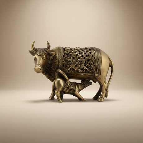 Cow & Calf Idol – 2 x 1.25 Inches | Antique Brass Kamadhenu Statue / Cow Calf Murti for Home & Pooja Decor - Retail Maharaj