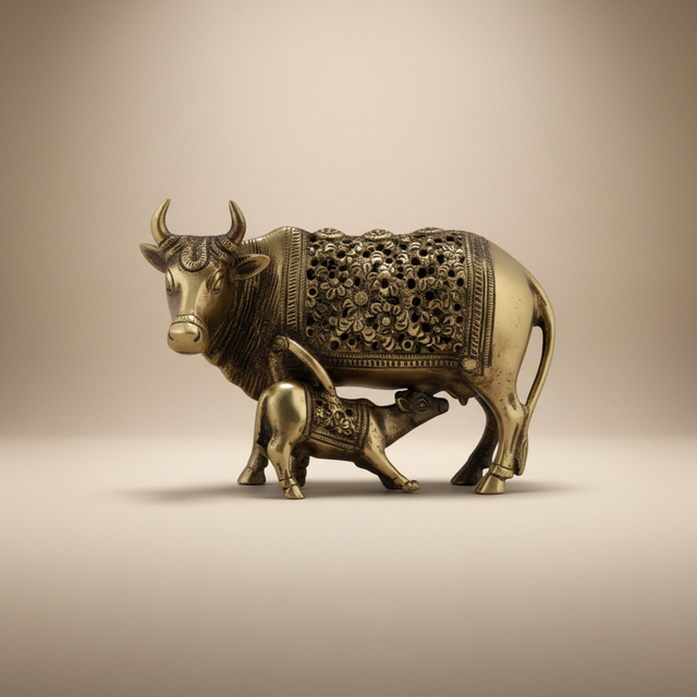 Cow & Calf Idol – 2 x 1.25 Inches | Antique Brass Kamadhenu Statue / Cow Calf Murti for Home & Pooja Decor - Retail Maharaj