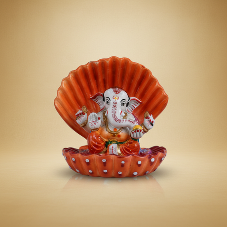 Painted Ganesh Murti – Aluminium Vinayagar Statue / Shell Ganesha Idol for Pooja (4 x 3.5 Inches) - Retail Maharaj
