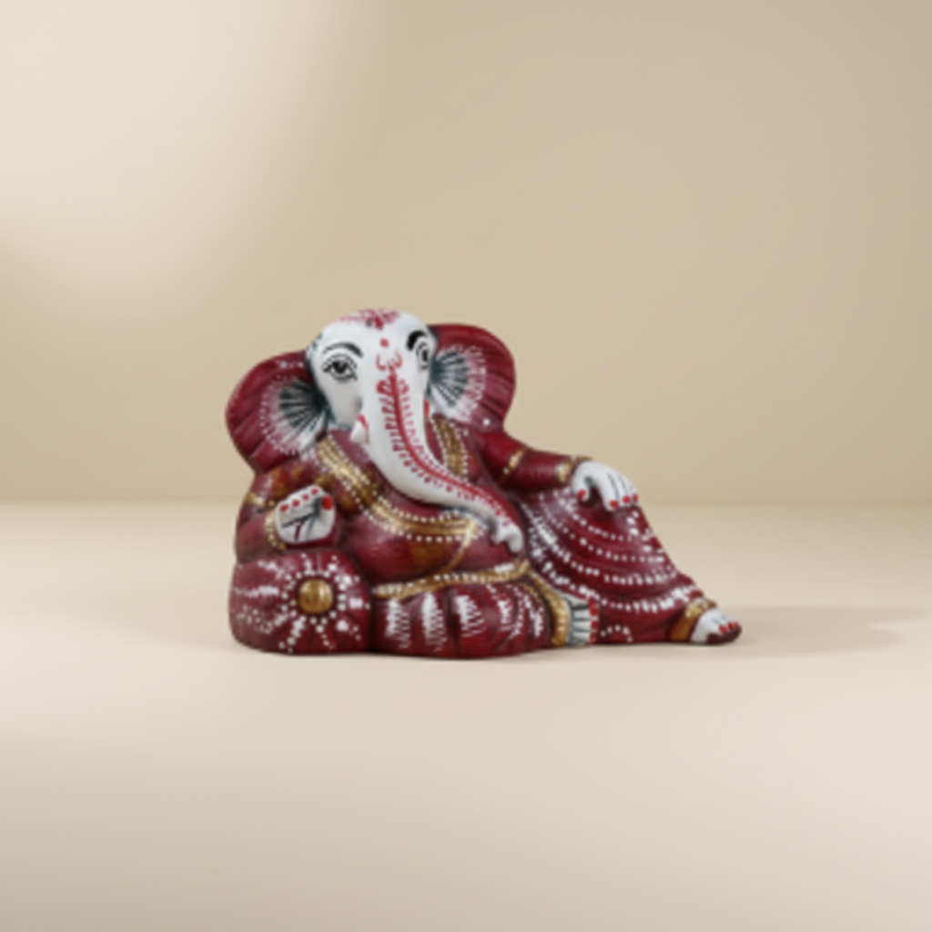 Resting Ganesh Murti – Painted Aluminium Vinayagar Statue / Resting Ganesha Idol for Pooja (2 x 2.5 Inches) - Retail Maharaj