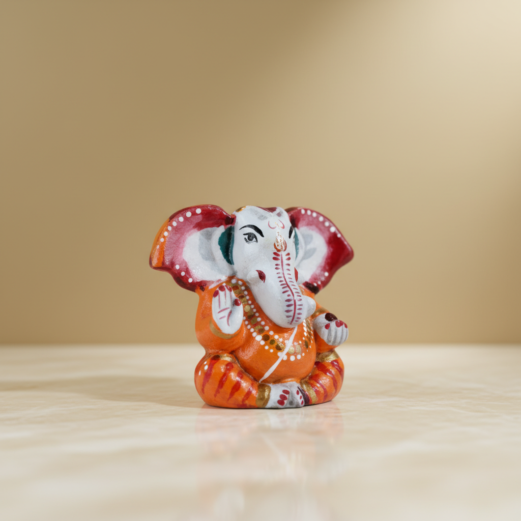 Painted Ganesh Murti – Aluminium Vinayagar Statue / Big Ear Ganesha Idol for Pooja (3 x 3.25 Inches) - Retail Maharaj