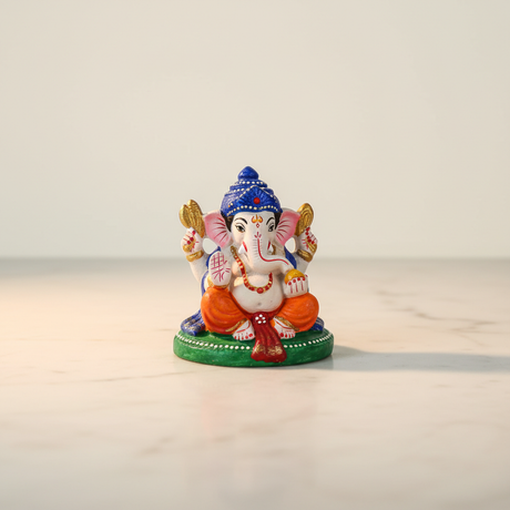 Painted Metal Sitting Ganpati Idol / Vinayaka Statue for Pooja (3 x 4.5 Inches) - Retail Maharaj