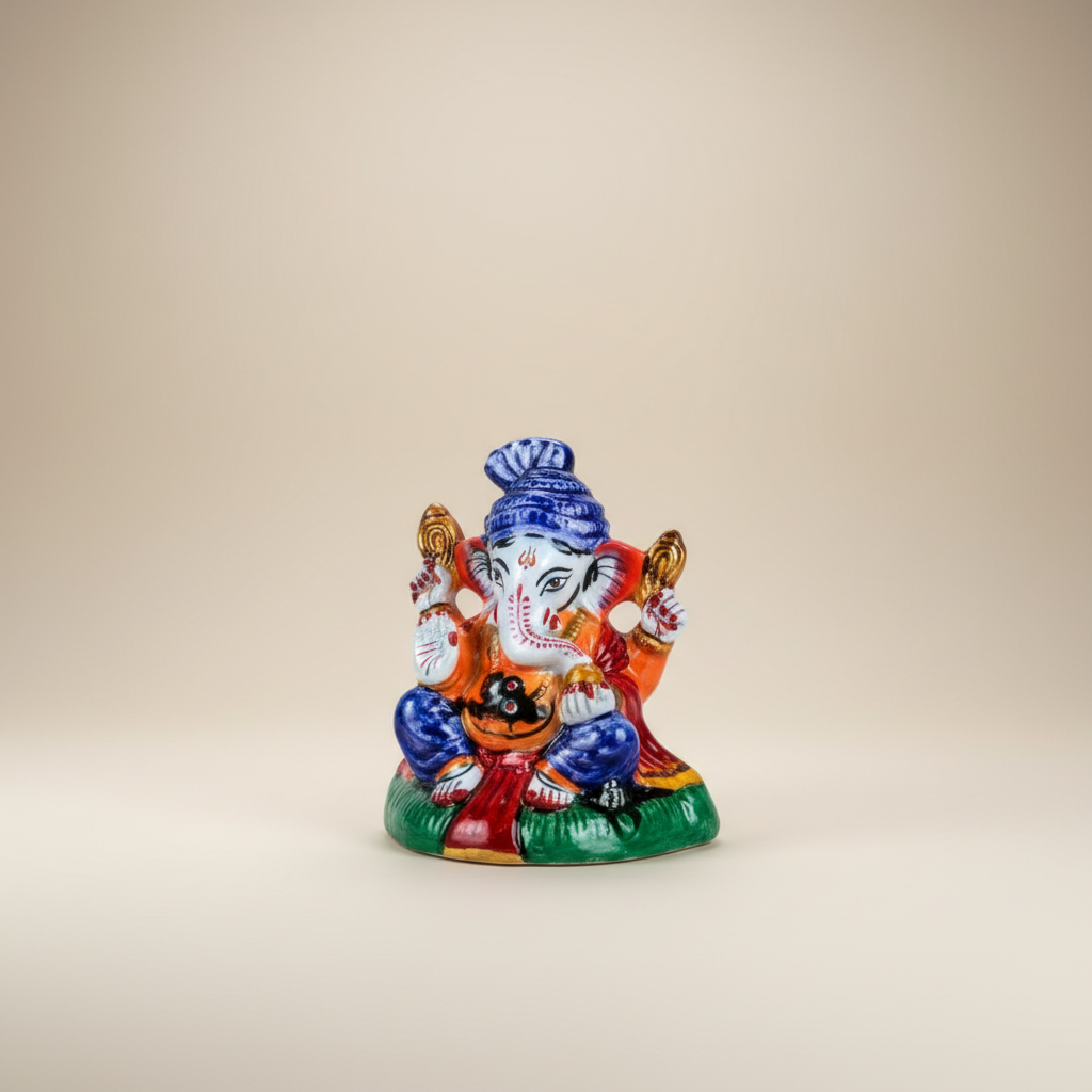 Painted Metal Sitting Ganpati Idol / Vinayaka Statue for Pooja (3 x 4.5 Inches) - Retail Maharaj