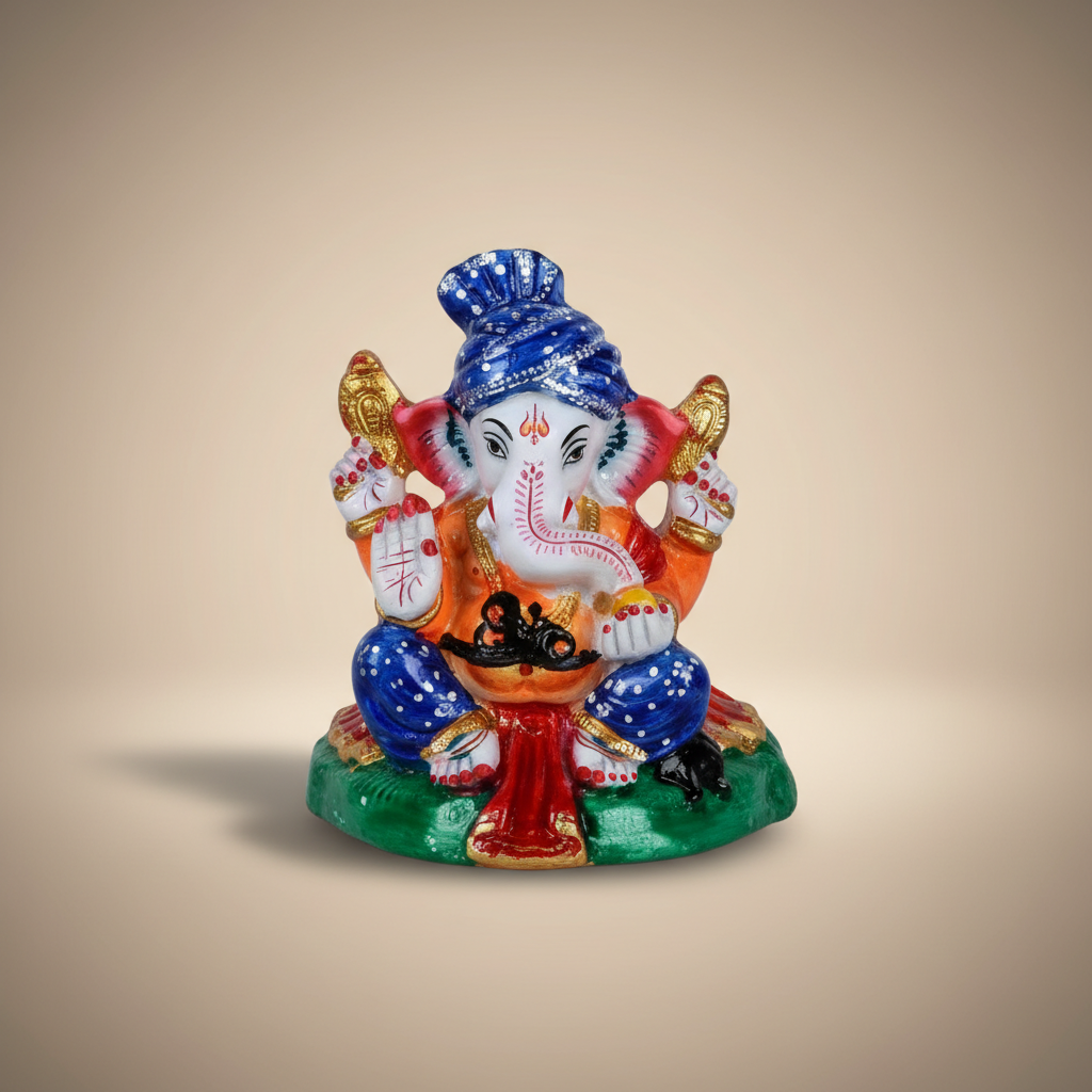 Painted Metal Sitting Ganpati Idol / Vinayaka Statue for Pooja (3 x 4.5 Inches) - Retail Maharaj