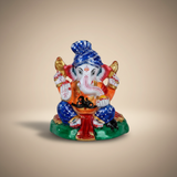 Painted Metal Sitting Ganpati Idol / Vinayaka Statue for Pooja (3 x 4.5 Inches) - Retail Maharaj