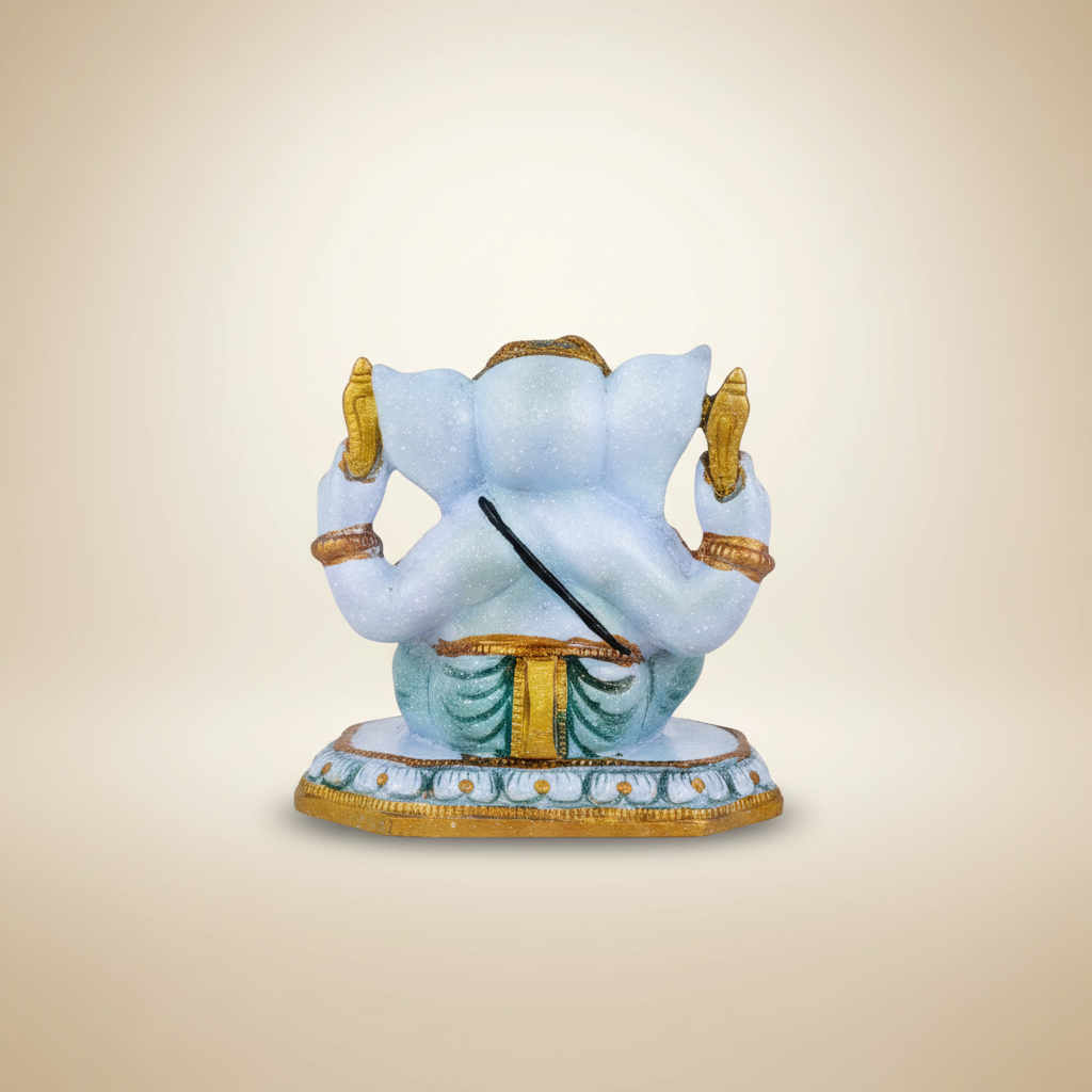 Ganesh Murti Sitting On Base – Painted Metal Vinayaka Statue / Ganpati Murti for Pooja (5 x 4.5 Inches) - Retail Maharaj