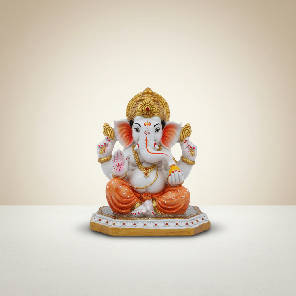 Ganesh Murti Sitting On Base – Painted Metal Vinayaka Statue / Ganpati Murti for Worship & Pooja (6 x 5 Inches) - Retail Maharaj