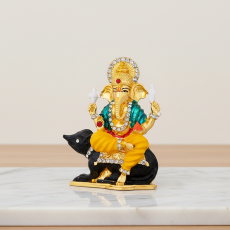 Ganesh Murti Sitting On Mouse – Metal & Stone Coloured Ganpati Idol for Table Top (3 x 2.5 Inches) - Retail Maharaj
