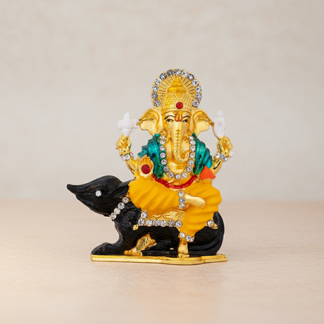 Ganesh Murti Sitting On Mouse – Metal & Stone Coloured Ganpati Idol for Table Top (3 x 2.5 Inches) - Retail Maharaj