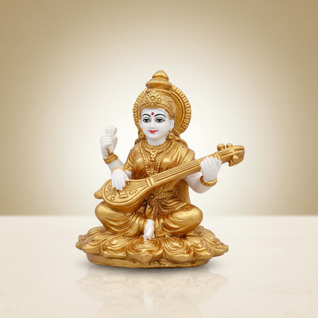Saraswati Murti – Metal Gold Polish Saraswathy Idol / Sitting Saraswati Moorti for Pooja (3 x 2.5 Inches) - Retail Maharaj