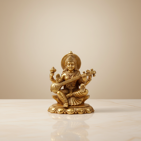 Saraswati Murti – Metal Gold Polish Saraswathy Idol / Sitting Saraswati Moorti for Pooja (3 x 2.5 Inches) - Retail Maharaj