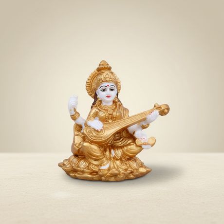 Saraswati Murti – Metal Gold Polish Saraswathy Idol / Sitting Saraswati Moorti for Pooja (3 x 2.5 Inches) - Retail Maharaj