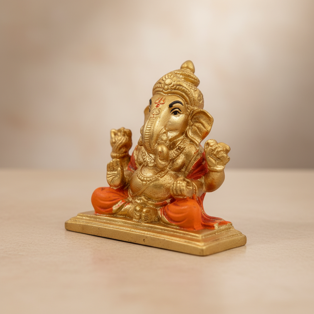 Ganesh Murti Sitting On Bajot – Metal Gold Polish Vinayaka Statue / Ganpati Idol for Pooja (2.75 x 2 Inches) - Retail Maharaj