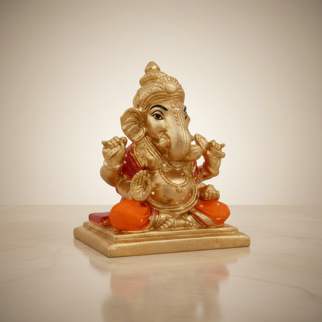 Ganesh Murti Sitting On Bajot – Metal Gold Polish Vinayaka Statue / Ganpati Idol for Pooja (2.75 x 2 Inches) - Retail Maharaj
