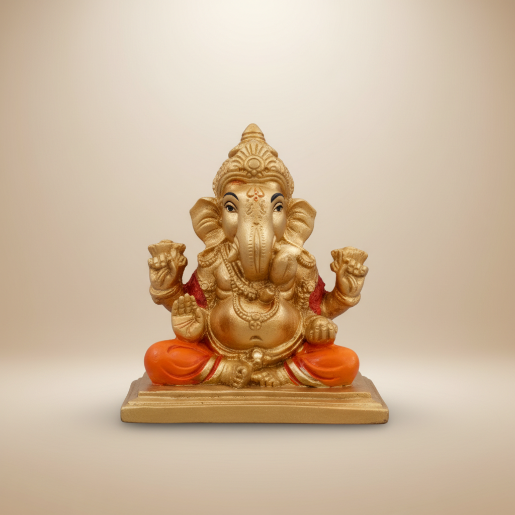 Ganesh Murti Sitting On Bajot – Metal Gold Polish Vinayaka Statue / Ganpati Idol for Pooja (2.75 x 2 Inches) - Retail Maharaj