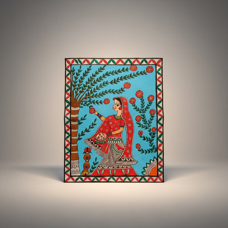 Handmade Madhubani Painting – Flower Plucking Lady | Mithila Art Traditional Indian Folk Wall Decor - Retail Maharaj