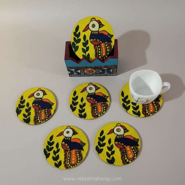 Handmade Madhubani Tea Coaster Set – Mithila Bird Art Wooden Coasters | Indian Folk Art Table Decor - Retail Maharaj