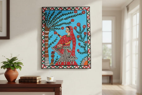 Handmade Madhubani Painting – Flower Plucking Lady | Mithila Art Traditional Indian Folk Wall Decor - Retail Maharaj