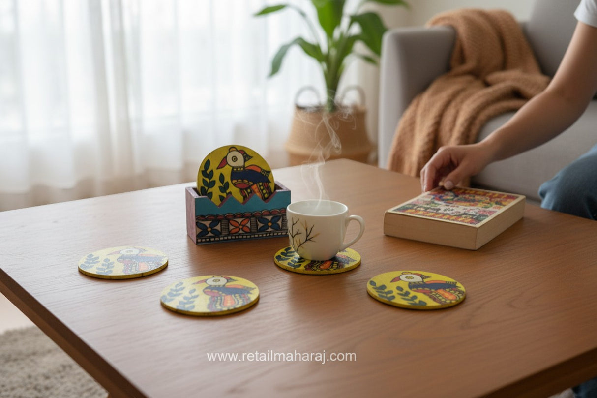 Handmade Madhubani Tea Coaster Set – Mithila Bird Art Wooden Coasters | Indian Folk Art Table Decor - Retail Maharaj