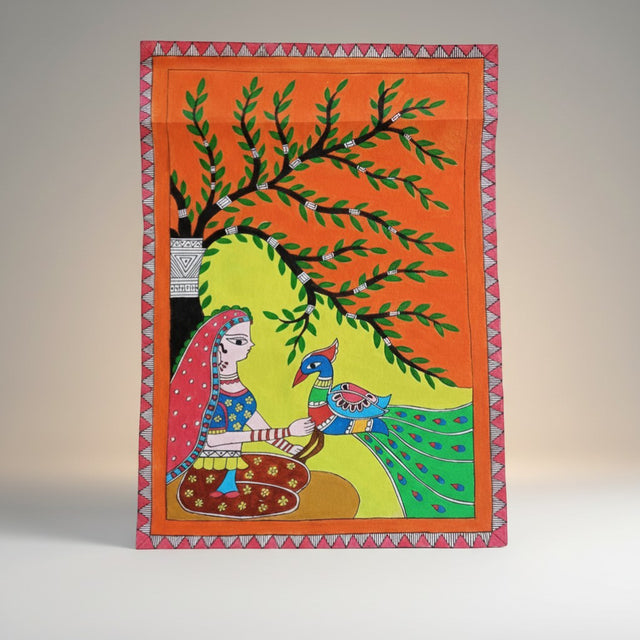 Handmade Madhubani Painting – Peacock Holding Girl | Mithila Art Traditional Indian Folk Wall Decor - Retail Maharaj