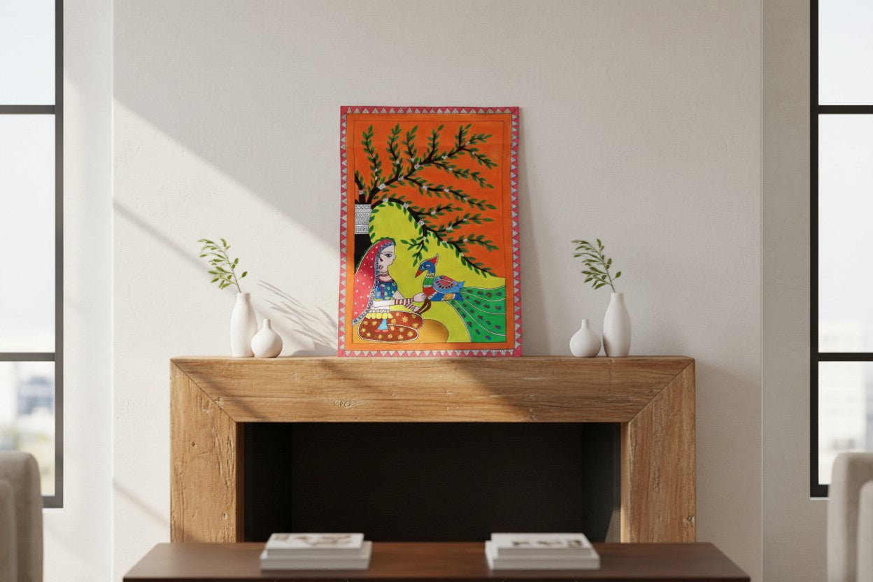 Handmade Madhubani Painting – Peacock Holding Girl | Mithila Art Traditional Indian Folk Wall Decor - Retail Maharaj