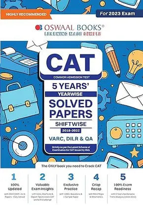 Oswaal CAT Common Admission Test 5 Years' Yearwise Solved Papers Shiftwise 2018-2022 VARC, DILR & QA - Retail Maharaj