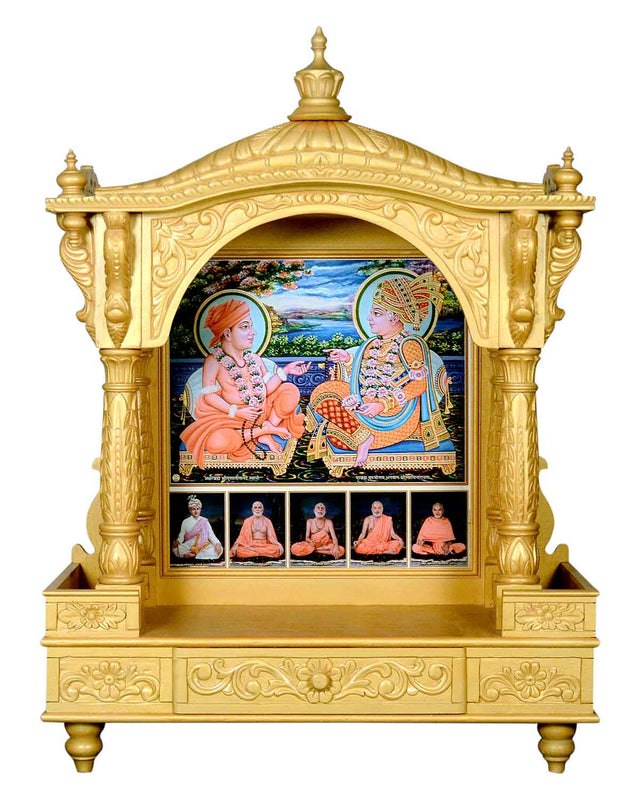 Akshar Deri Ghar Mandir - Sacred Sevan Wood with Golden Polish (37" x 27") - Retail Maharaj