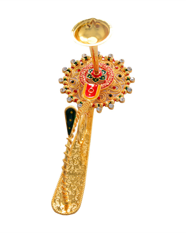 Pooja Diya Aarti Metal Stand – Diya for Wick Sticks with Ornate Design - Retail Maharaj