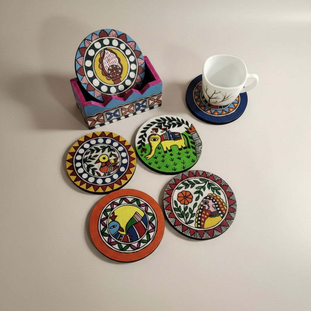 Handmade Madhubani Tea Coaster Set – Wooden Mithila Art Coasters | Indian Folk Art Table Decor - Retail Maharaj