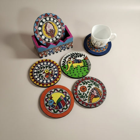 Handmade Madhubani Tea Coaster Set – Wooden Mithila Art Coasters | Indian Folk Art Table Decor - Retail Maharaj