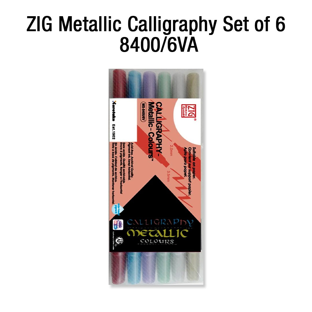 ZIG Metallic Calligraphy Dual Tip Pen Set of 6 – MS 8400 - Retail Maharaj