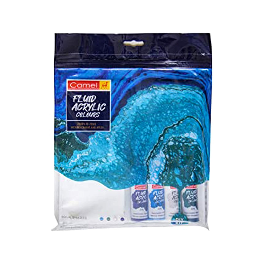 Camel Fluid Acrylic Sets Aqua Sunset Monochrome Pouring Ready Colours with Canvas Board for Easy Creative Art - Retail Maharaj