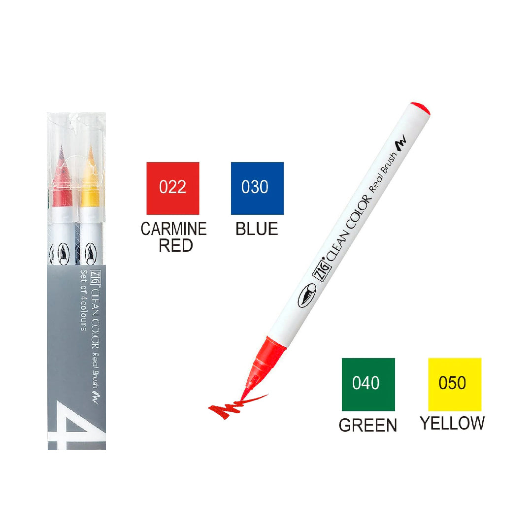 Kuretake ZIG Clean Color Real Brush Watercolour Pen Set of 4 Colours - Retail Maharaj